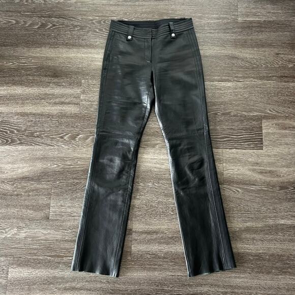 Vintage DKNY Y2K Black Leather Pants Sz 6 Moto Biker Quilted Waist Trousers EUC - Picture 1 of 15